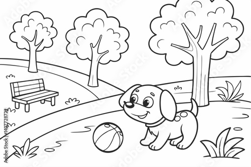 kids coloring page, a cute puppy playing ball in a park, cartoonish, friendly, thick outlines, no color