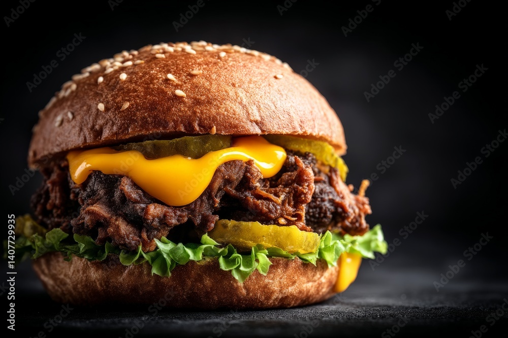 Delicious pulled beef burger with cheese, pickles, and lettuce on a black background Delicious pulled beef burger with cheese, pickles, and lettuce on a black background