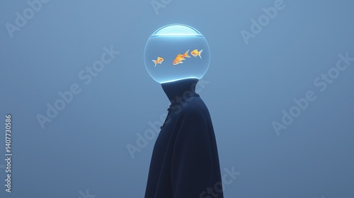 A surreal figure with a fishbowl head containing goldfish stands against a minimalist blue background, blending conceptual art with a dreamlike aesthetic