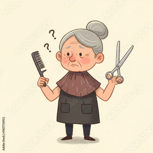 Elderly hairdresser with scissors. Confused Elderly Hairdresser Holding Comb and Scissors Against Light Beige Background