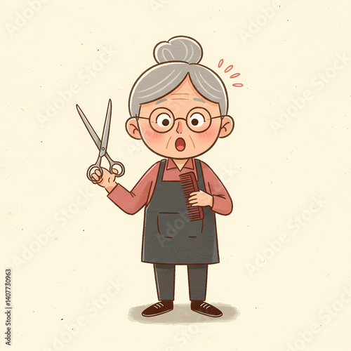 Elderly hairdresser with scissors. Surprised Elderly Hair Stylist Holding Scissors Against Cream Background
