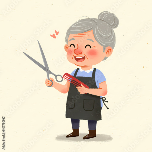 Elderly hairdresser with scissors. Happy Elderly Hair Stylist Holding Scissors Against Beige Background