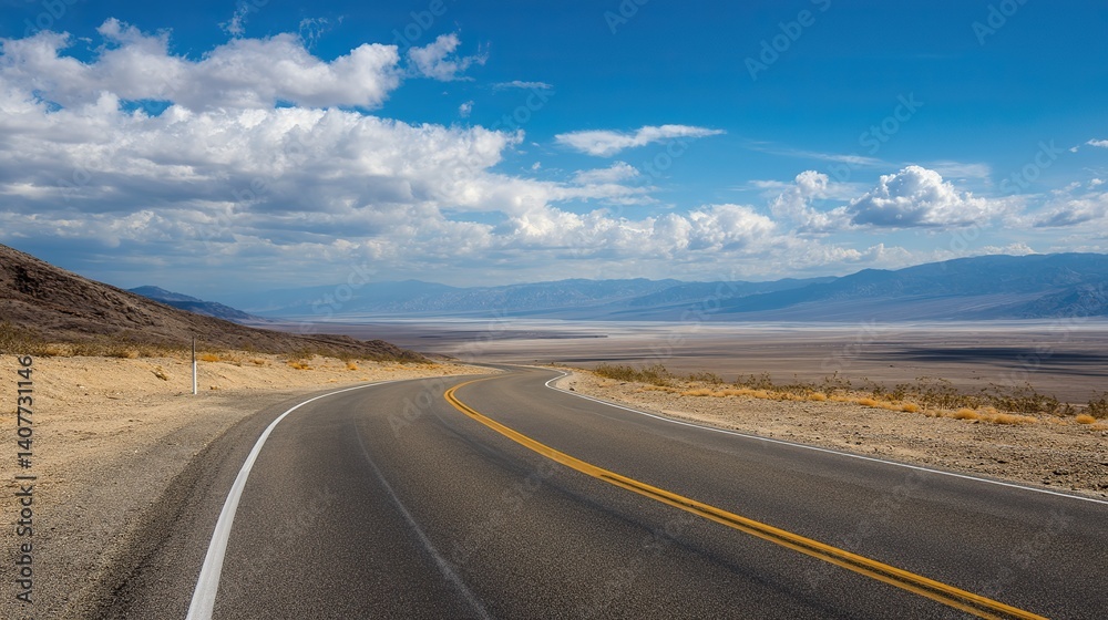 Fototapeta premium A long road winds through the desert with blue skies and white clouds. Ahead is the endless horizon and mountains in the distance, captured from behind with a wide-angle lens.