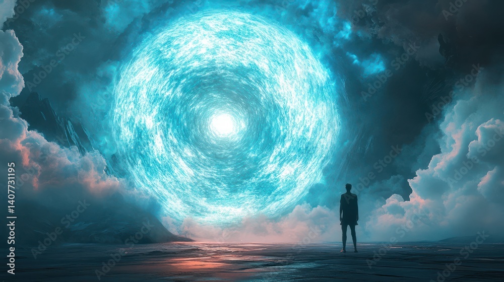 Fototapeta premium A lone figure gazing at an enormous luminous swirling vortex