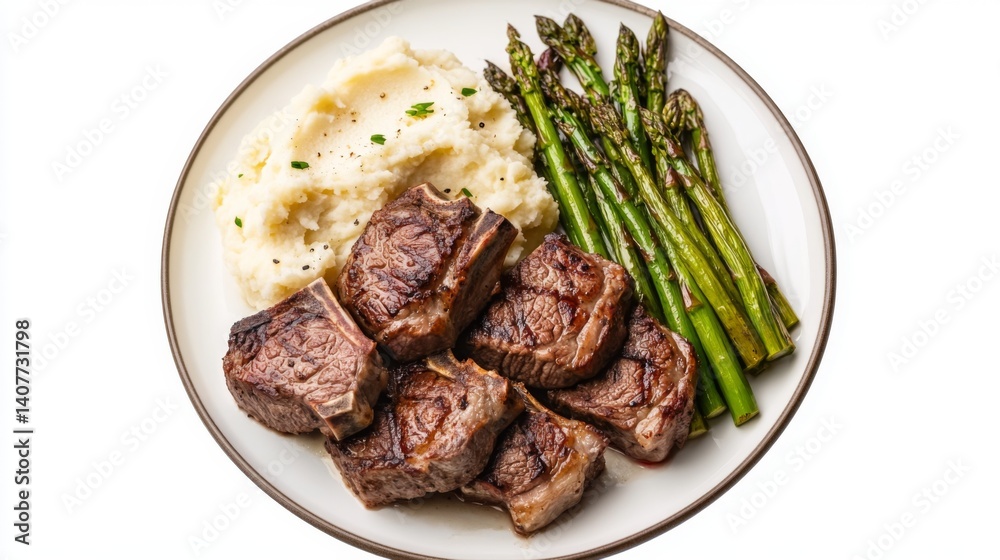 Deliciously cooked steak served with creamy mashed potatoes and fresh asparagus. A gourmet meal for any occasion. Perfect for food lovers. Generative AI