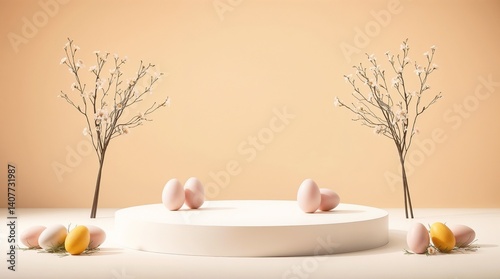 Empty round podium for product presentation with pastel easter eggs and blooming spring branches on beige background