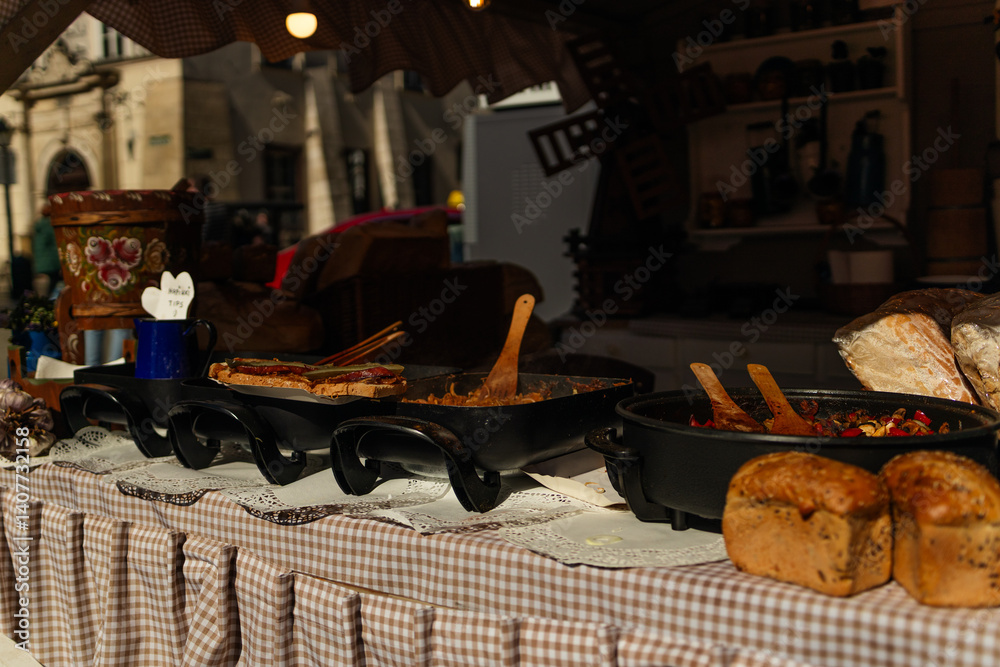 A charming market stall displaying an assortment of freshly baked bread. The stall is adorned with decorative elements, showcasing a variety of artisanal loaves. The scene gives a rustic, warm feel