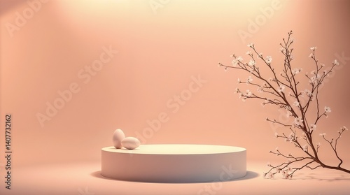 Empty round podium for product presentation with pastel easter eggs and blooming spring branches on beige background
