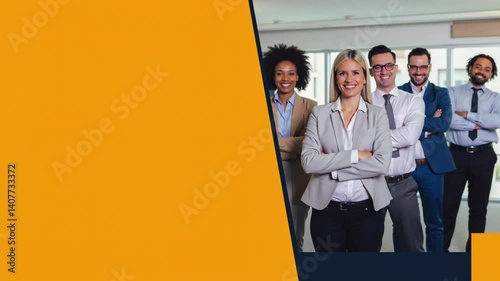Professional Team[with a confident mood standing together in an office setting against a bold blue and yellow backdrop