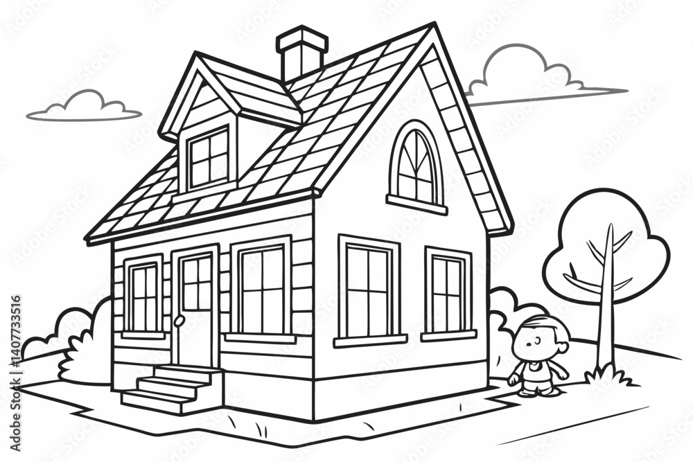 kids coloring page, a house with a chimney and big windows, cartoonish, friendly, thick outlines kids coloring page, a house with a chimney and big windows, cartoonish, friendly, thick outlines