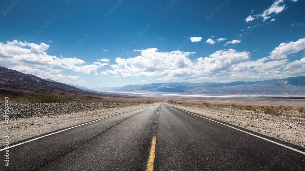 Naklejka premium A long road winds through the desert with blue skies and white clouds. Ahead is the endless horizon and mountains in the distance, captured from behind with a wide-angle lens.