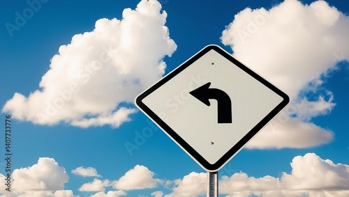 Isolated road sign with left arrow against blue sky and clouds symbolizing redirection and life changes metaphor