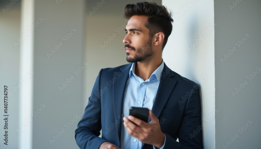 A stylish young man with a well-groomed beard stands confidently against a modern backdrop, holding his smartphone. His sharp suit and focused expression convey professionalism and ambition, making A stylish young man with a well-groomed beard stands confidently against a modern backdrop, holding his smartphone. His sharp suit and focused expression convey professionalism and ambition, making