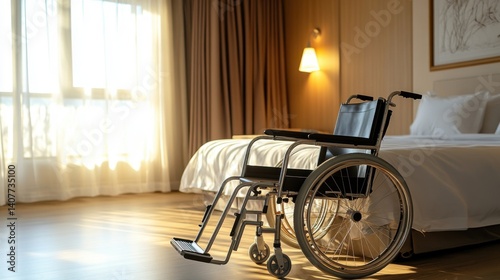 Comfortable hotel room with a wheelchair positioned near a bed, showcasing accessibility and modern design for guests with mobility needs.