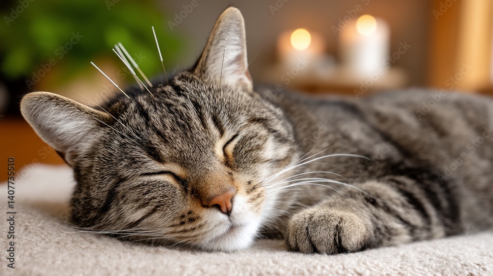 A peaceful tabby cat with closed eyes, receiving acupuncture, lying on a soft surface. Two candles softly glow in the background A peaceful tabby cat with closed eyes, receiving acupuncture, lying on a soft surface. Two candles softly glow in the background