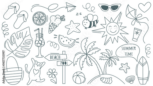 Summer time doodle sketch style set. Hand drawn ink illustrations on theme of summer vacation, relaxation, beach holiday. Vector elements