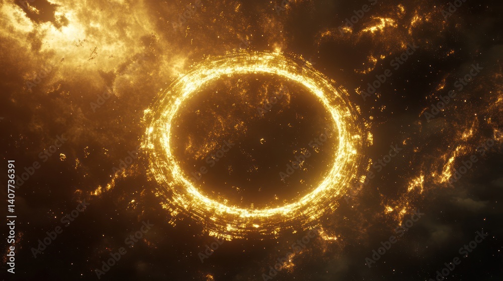 Obraz premium A fiery glowing celestial ring surrounded by nebulous dark clouds
