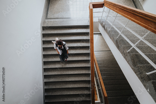 A mid-age woman in formal attire with a briefcase walking up a staircase in an office building, conveying professionalism and determination.