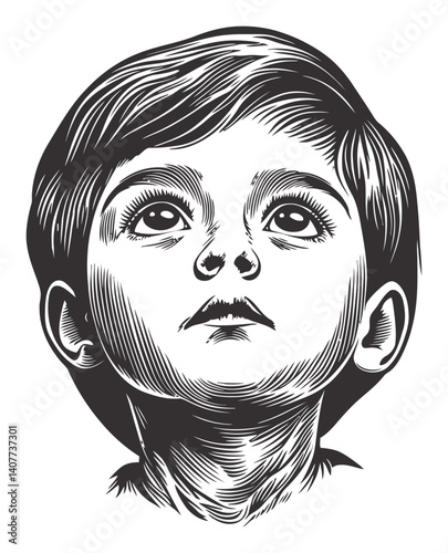 Hand-Drawn Woodcut Style Illustration of a Boy Looking Upward