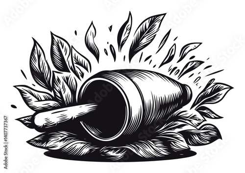 Engraved Rolling Pin Surrounded by Leaves in Vintage Woodcut Style
