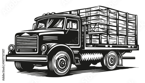 Vintage Woodcut Style Truck with Stacked Wooden Planks
