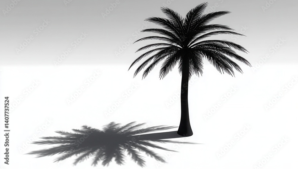 Obraz premium Silhouetted palm tree casts shadow on white background