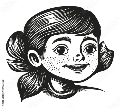 Charming Woodcut Illustration of a Young Girl with Freckles and Smiles