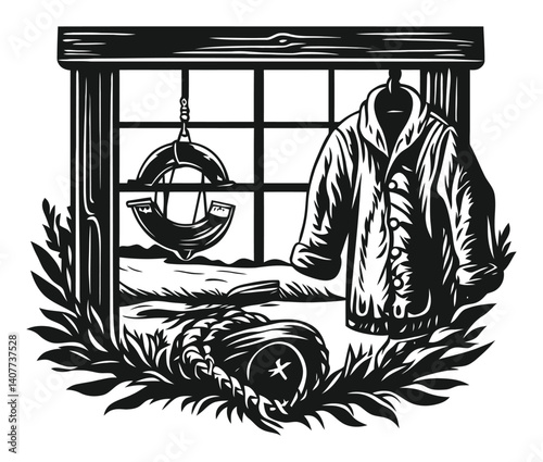 Rustic Woodcut Illustration of Nautical Scene with Coat and Rope