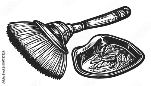 Vintage Woodcut Illustration of a Dustpan and Brush Design