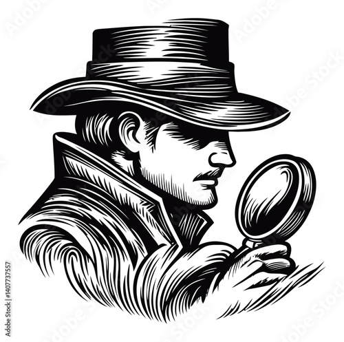 Detective in Fedora Examining Evidence with Magnifying Glass