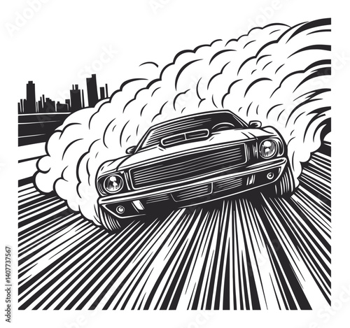 Vintage Woodcut Style Car Illustration with Motion Effects
