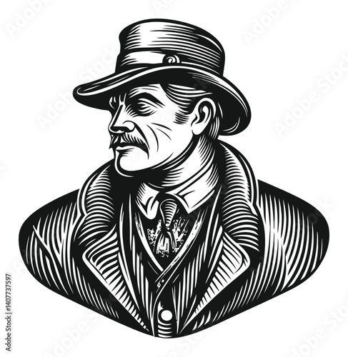 Vintage Woodcut Style Portrait of a Man in Formal Attire