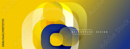 Abstract geometric design features overlapping circles. Yellow, gold, navy hues create dynamic visual effect. Modern, minimalist style suitable for backgrounds.