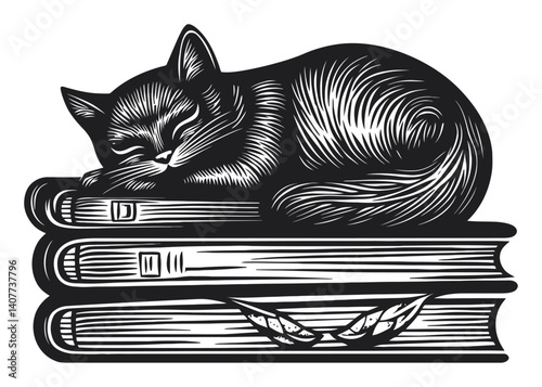 Cozy Cat Sleeping on Stack of Vintage Books in Woodcut Style
