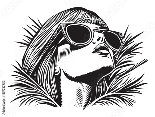 Stylish Woman with Sunglasses in Artistic Woodcut Style Design