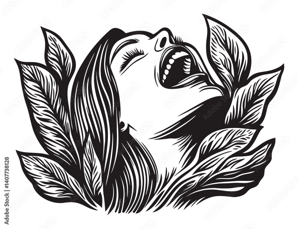 Expressive Woodcut Art Featuring a Woman with Flowing Hair and Leaves Expressive Woodcut Art Featuring a Woman with Flowing Hair and Leaves