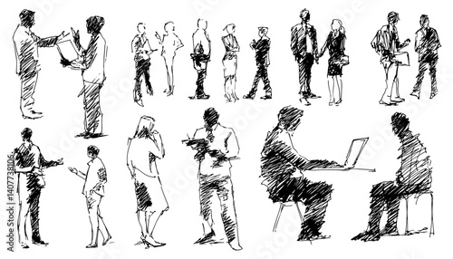 Dynamic Sketches of Business Professionals in Various Poses and Interactions. in scribble pencil style.