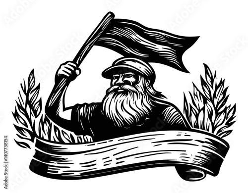 Vintage Woodcut Style Man Holding Flag with Banner Design