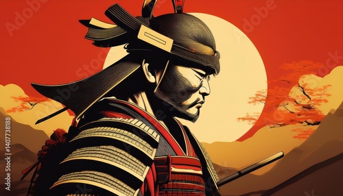 Samurai Profile Against Sunset Backdrop, Epic Warrior in Gold and Red Amidst Glowing Oranges and Rich Browns, Evoking a Sense of Strength and Serenity.