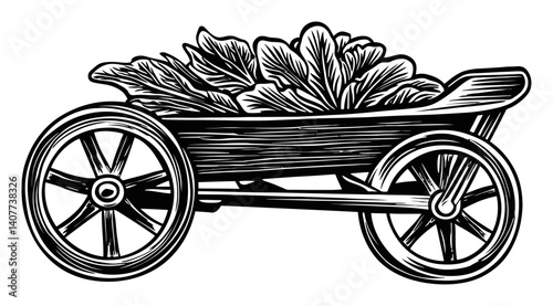 Detailed Woodcut Illustration of Cart Loaded with Fresh Lettuce