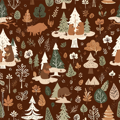 Adorable Bear Family Woodland Pattern Brown Background Forest Animals Cute Design