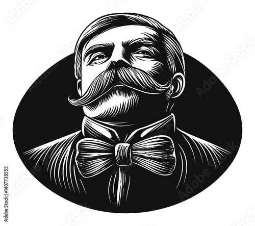 Vintage Woodcut Portrait of a Sophisticated Gentleman with Mustache