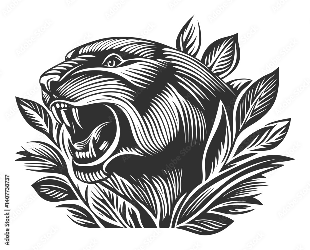 Obraz premium Detailed Black and White Woodcut Illustration of a Roaring Lion