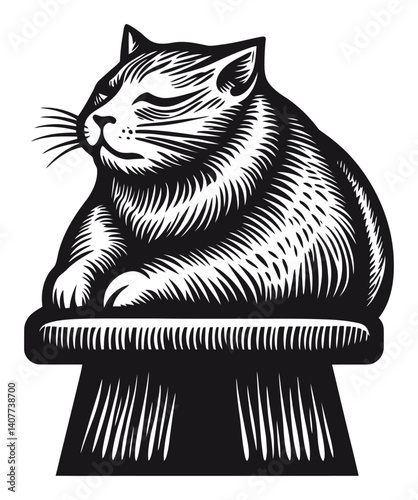 Charming Woodcut of a Contented Cat Sitting on a Base