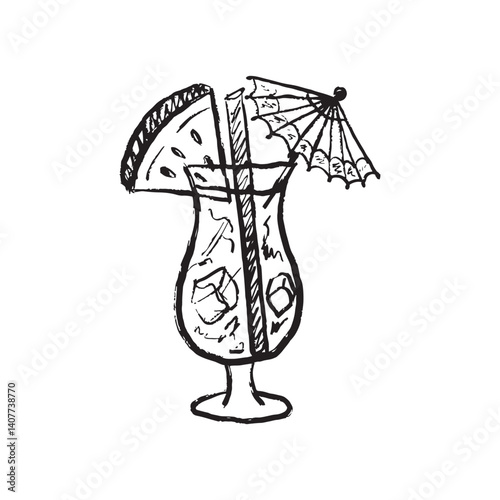 Watermelon summer glass alcohol cocktail with tube in black brush stroke texture isolated on white. Hand drawn vector sketch illustration in vintage charcoal ink. Summer clothes print, menu design