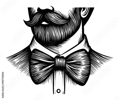 Vintage Woodcut Style Illustration of a Gentleman's Bow Tie and Beard