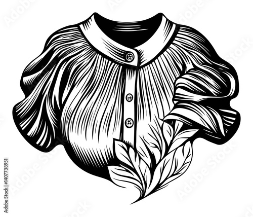 Stylish Woodcut Design of a Shirt with Leaf Accents in Black and White