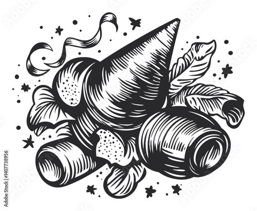 Detailed Woodcut Design Featuring Decorative Party Elements