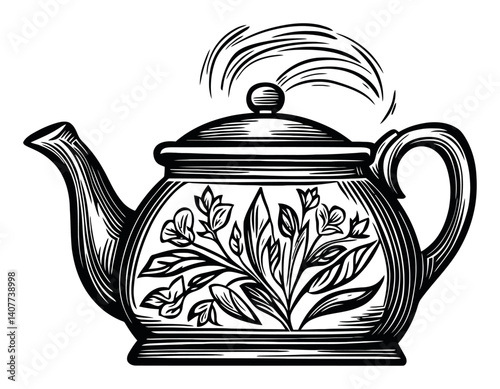Intricate Woodcut Style Teapot with Floral Design and Steam Rising
