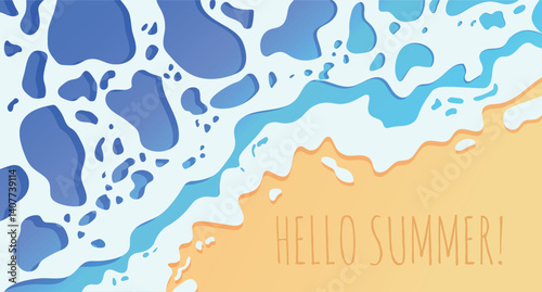 Horizontal flat vector illustration with top view of ocean waves washing up on a sandy beach. Stylized splashy foam meets warm textured sand with handwritten Hello Summer text for postcards, banners